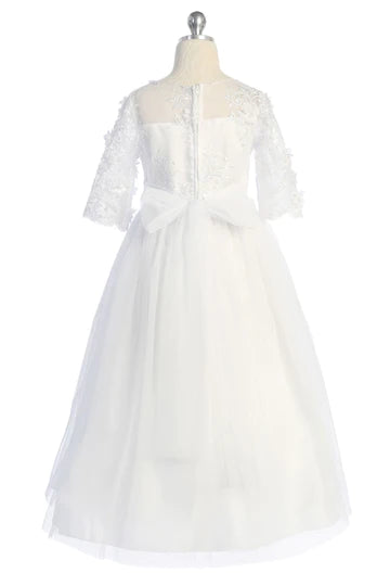 Flower and Pearl Lace Illusion Girls Dress