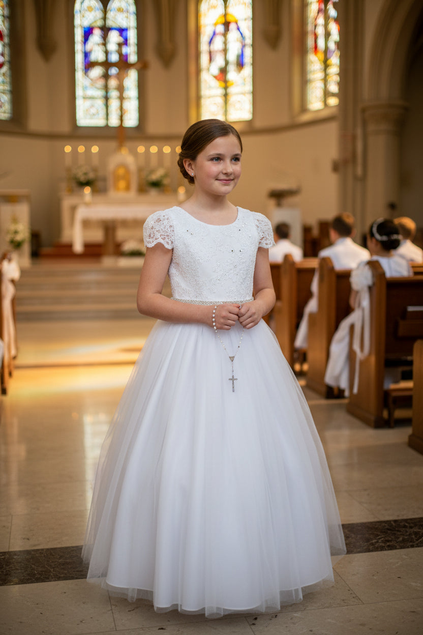lace cording cap sleeve long white first communion dress Canada