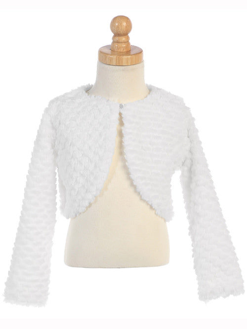 Cuddle Fur Bolero is a darling fluffy super soft cuddle fur bolero. Button top closure. Would be great over any of our dresses and this is the kind of bolero that can be worn over Flower Girl dress, First Communion dress, Christening dress, Baptism dress, party dress