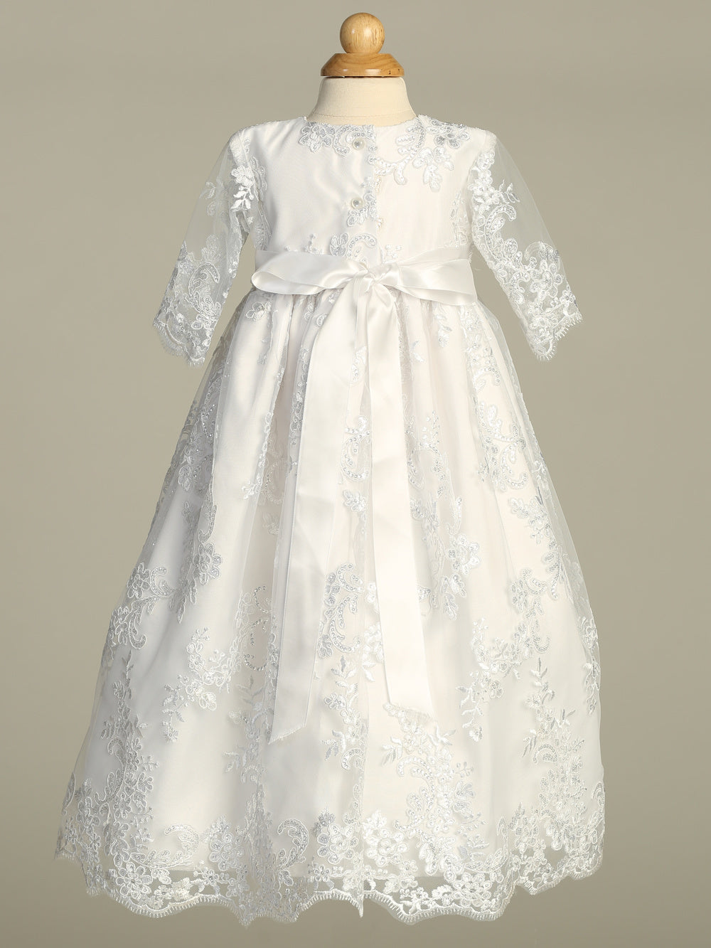 Corded Embroidered Tulle Baptismal Gown With Long Sleeves