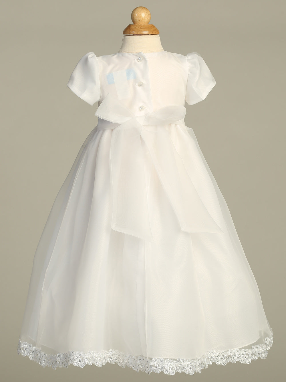 Darling simple organza Baptism gown for Baptism or Christening. Simple organza gown has a pretty sequined lace waist band the gown is fully lined