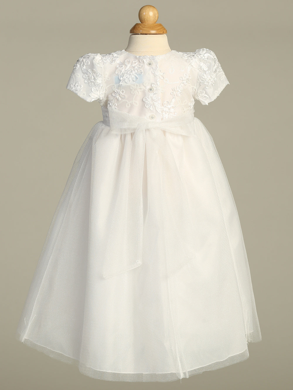 Girls Baptism Gown With Sequined Ribbon Top long gown with girls bonnet great dress for baptism or christening a baby girl.