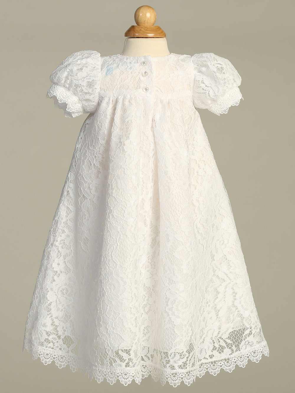 Allover Lace Long Baptism Gown girls white lace gown and bonnet for christening or baptizing a baby girl or boy