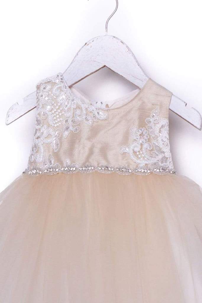 Luxurious Jaccard Top Baby Dress with Beaded Applique White & Ivory
