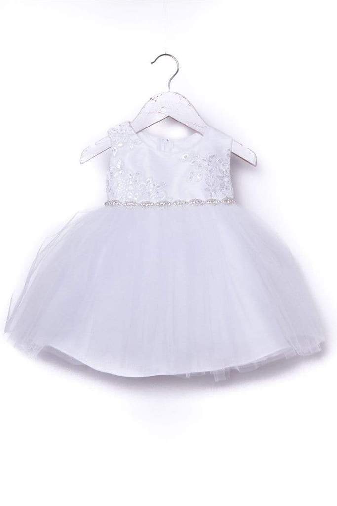 Luxurious Jaccard Top Baby Dress with Beaded Applique White & Ivory