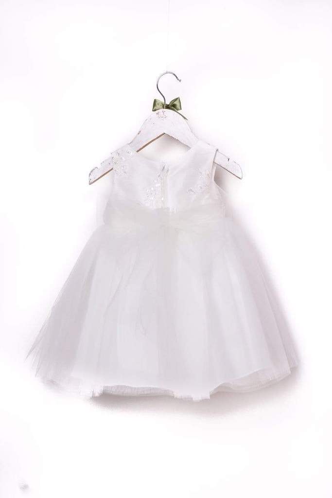 Luxurious Jaccard Top Baby Dress with Beaded Applique White & Ivory