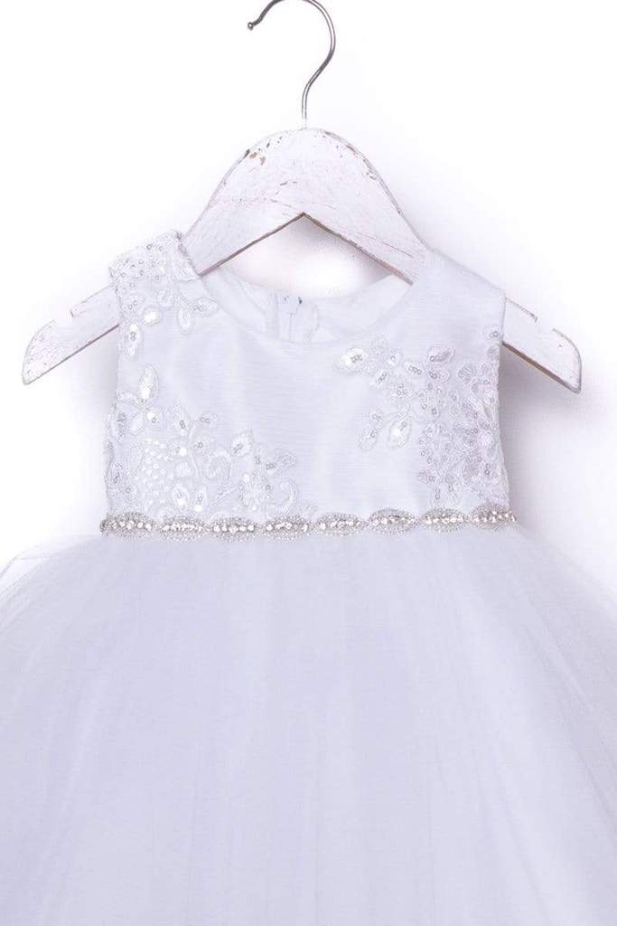Luxurious Jaccard Top Baby Dress with Beaded Applique White & Ivory