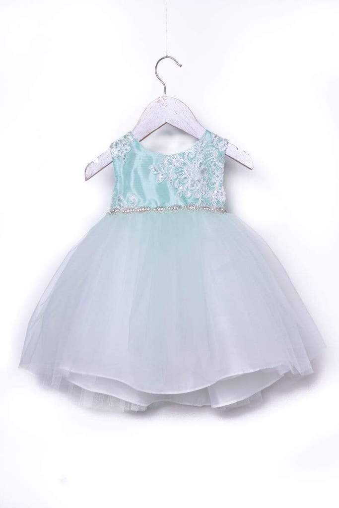 Luxurious Jaccard Top Baby Dress with Beaded Applique White & Ivory