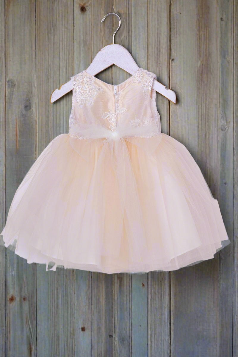 Luxurious Jaccard Top Baby Dress with Beaded Applique White & Ivory