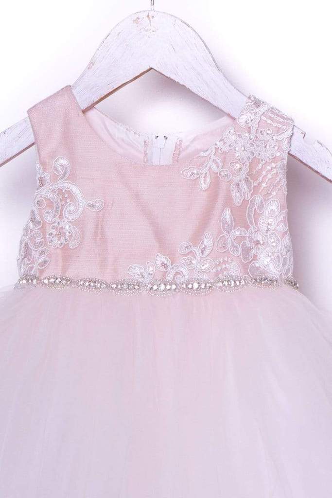 Luxurious Jaccard Top Baby Dress with Beaded Applique White & Ivory