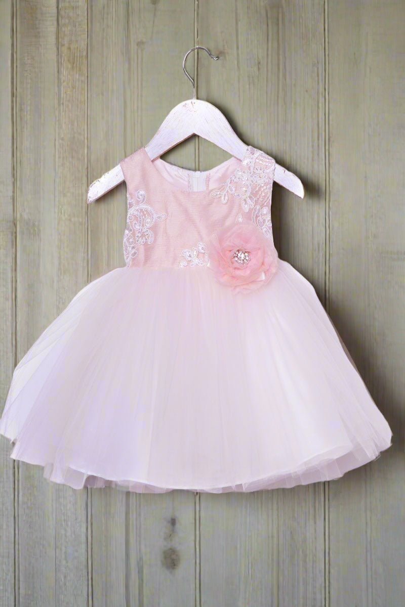 Luxurious Jaccard Top Baby Dress with Beaded Applique White & Ivory
