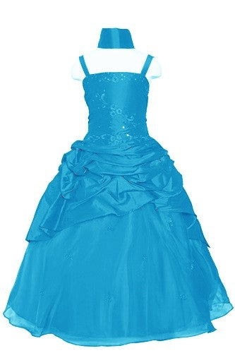Fancy Sequined Girls Formal Gown Turquoise Front View