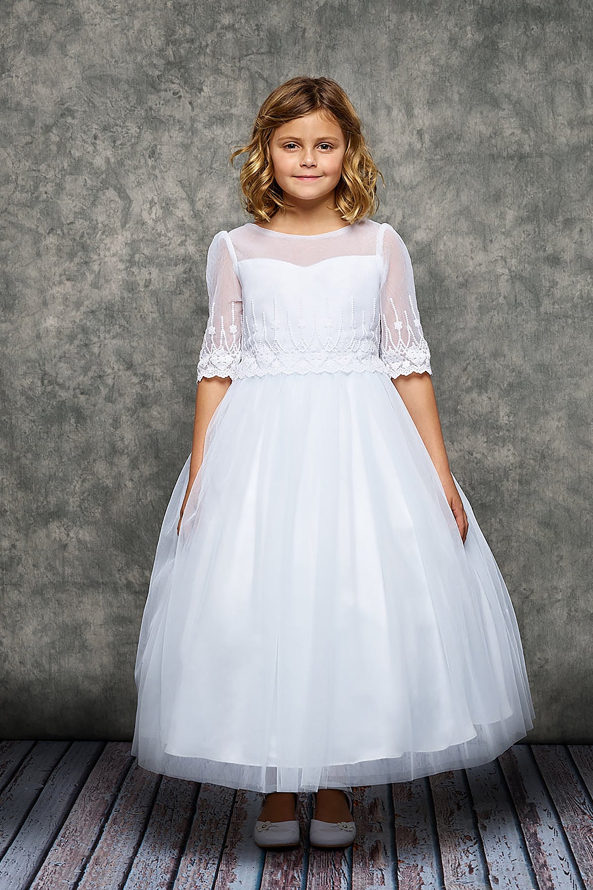 A Embroidery Mesh Half Sleeve Girls Dress -White
