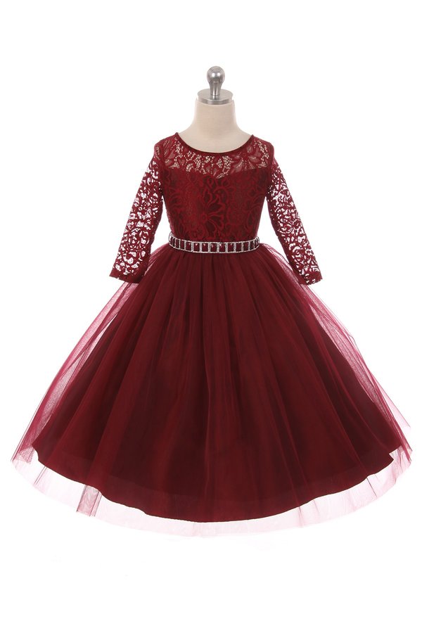 Long Sleeve Stretchy Lace First Communion Girls Dress Burgundy Front  View