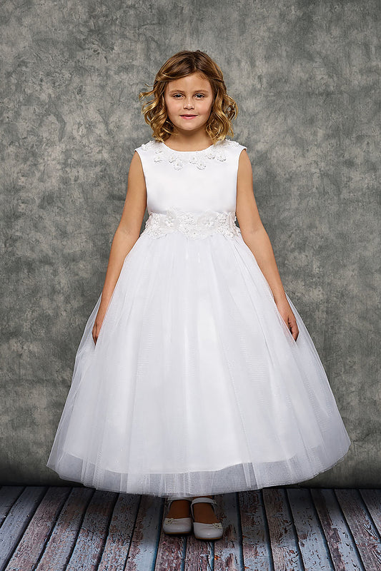 Luxurious Flora Trim Girls Dress White Front Live View