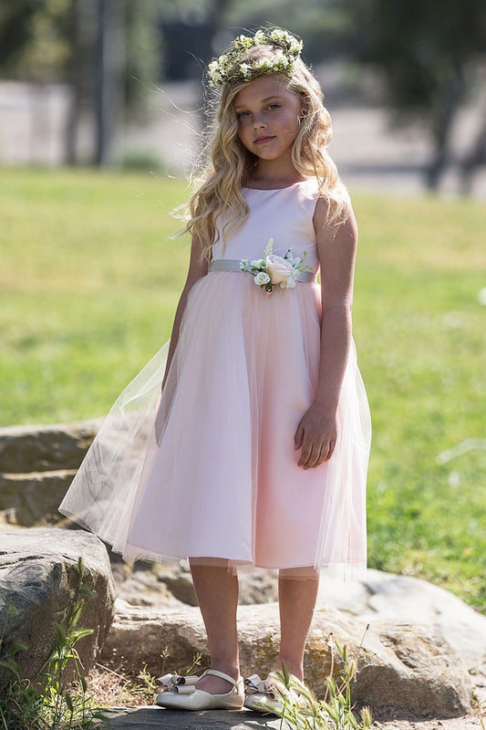 Posy Trim Flower Girl Dress Tea Length Blush Front Live View