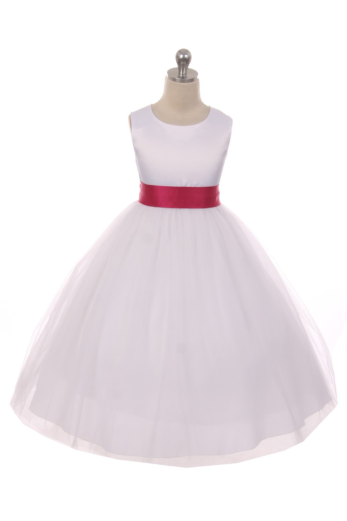 Satin Sash & Bow Girls Dress Tea Length White Front View