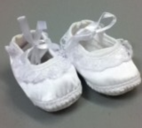 White satin ballet Baptism shoe for girls. Shop online Canada and greater Toronto area for boys and girls Christening and Baptism shoes, gowns and boys outfits.