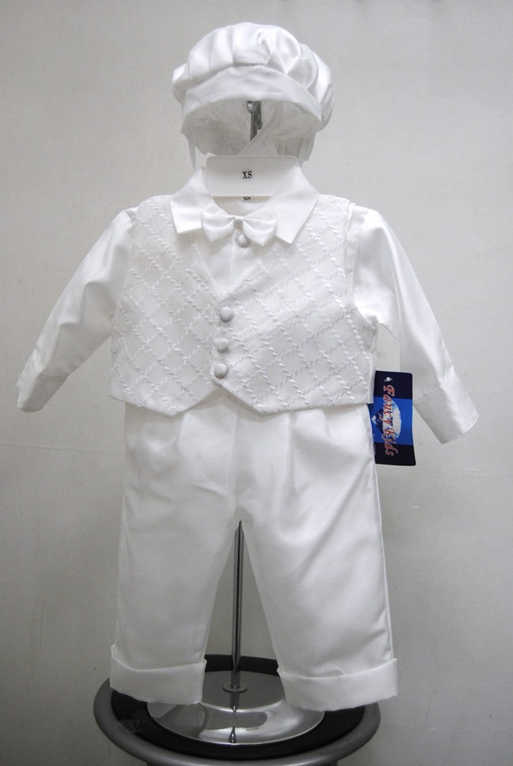 Boys Baptism zig zag vest pant set, five piece boys formal set that includes vest, shorts, shirt, bow tie and matching bonnet, great boys formal short and vest set suitable for Christenings, Baptisms and Weddings