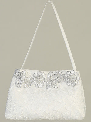 Girls Purse - White Lace & Silver Floral Trim