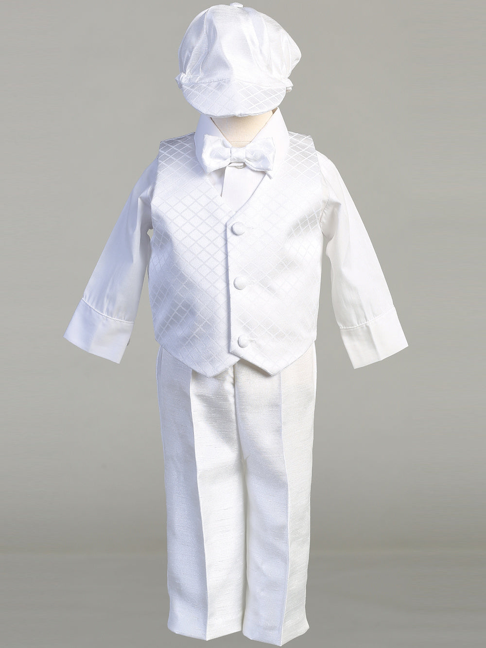Boys Baptism Diamond Jacquard Vest & Pant Set white baptism or christening pants , shirt, hat and vest for Baptismal ceremonies - Grandmas Little Darlings
