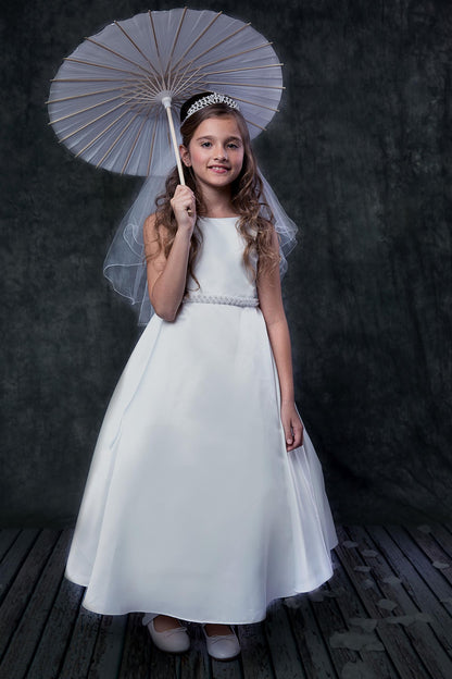 A-Line Girls Long Satin Gown, plus sized girls dress, First Communion gown, Flower Girl & Junior Bridesmaid dress. Shop online GTA, Canada girls fancy dresses.