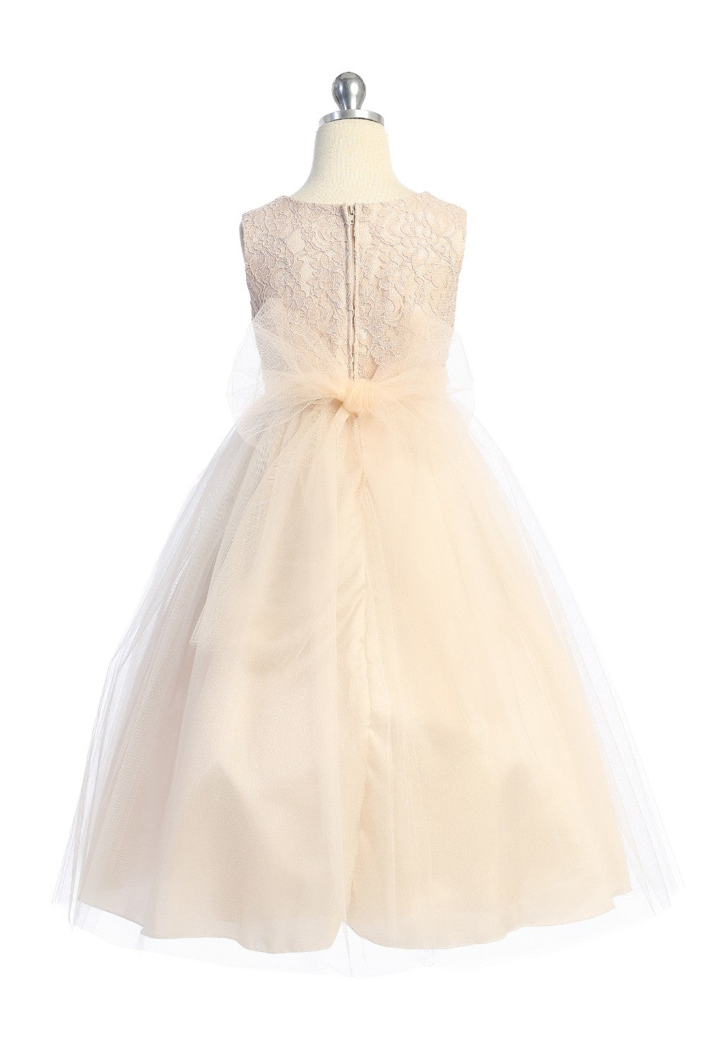 Anastasia Lace Top Girls Communion Dress With Rhinestone Blush Back View