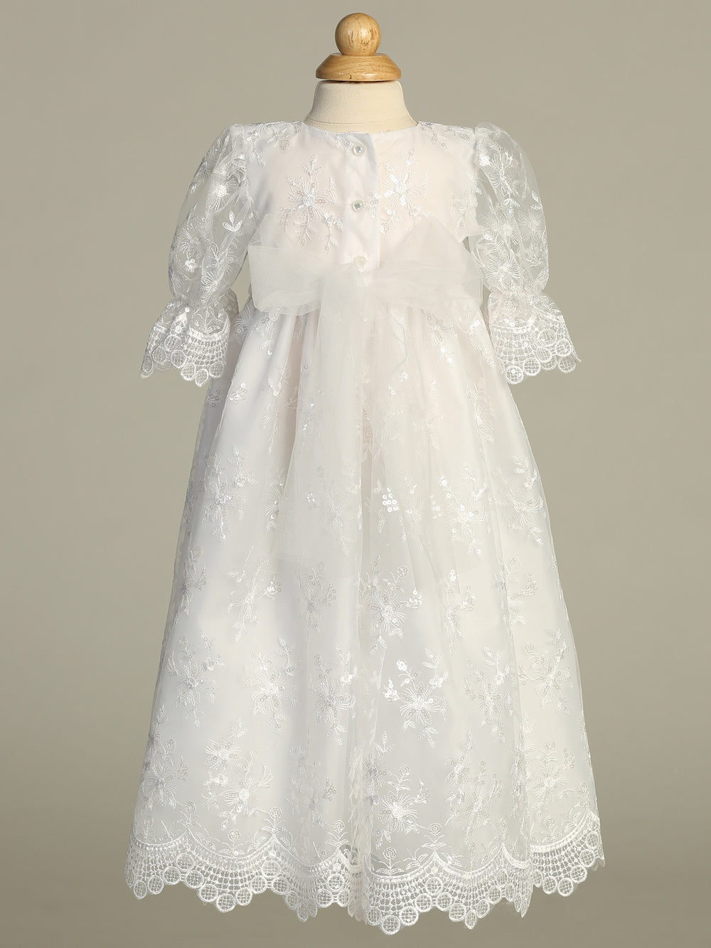 Baby Girl Embroidered Tulle Baptism Gown With Sequins & Lace Canada back