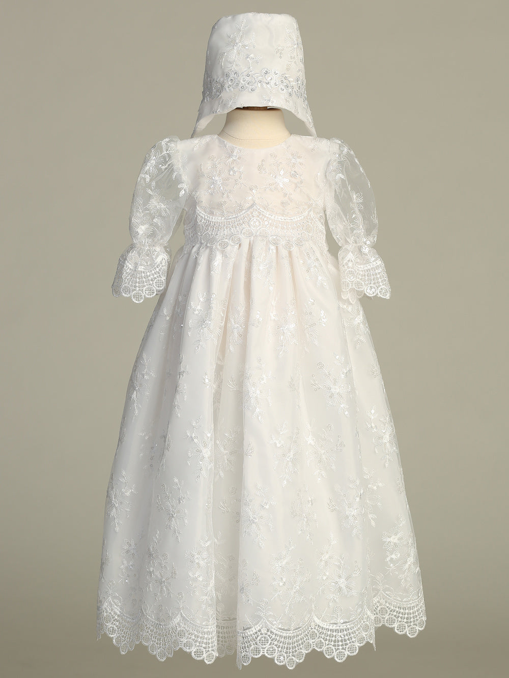 Baby Girl Embroidered Tulle Baptism Gown With Sequins & Lace Canada front