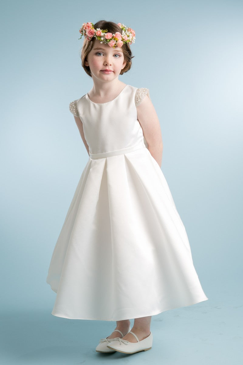 Beaded Cap Sleeve Girls Party Dress Ivory Front