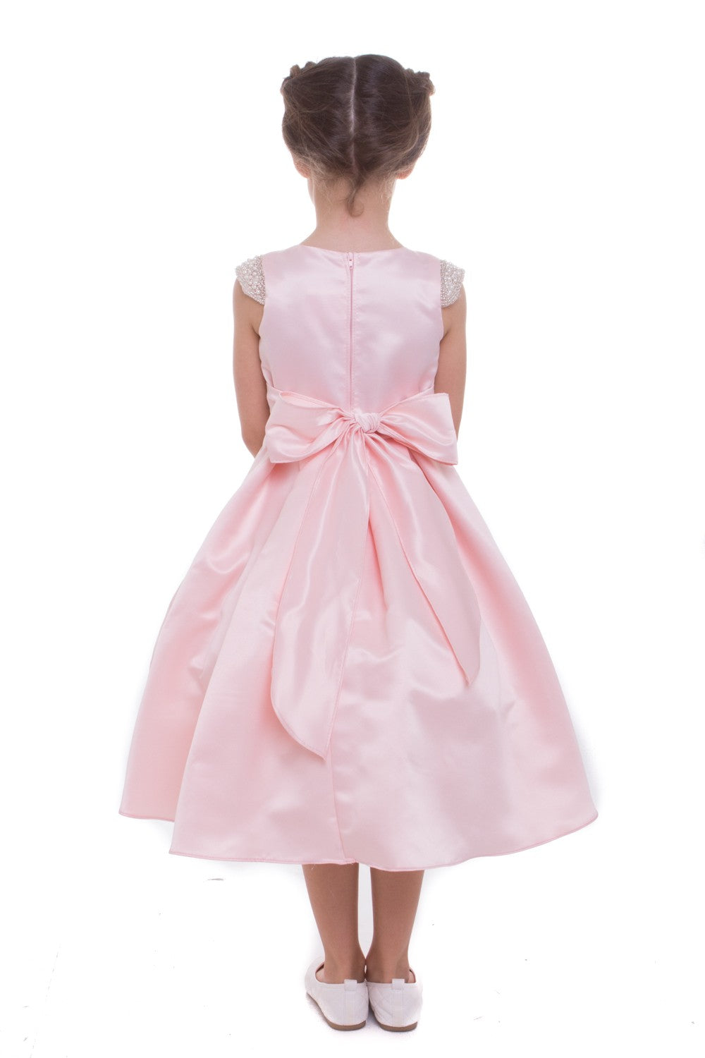 Beaded Cap Sleeve Girls Party Dress Pink Back View