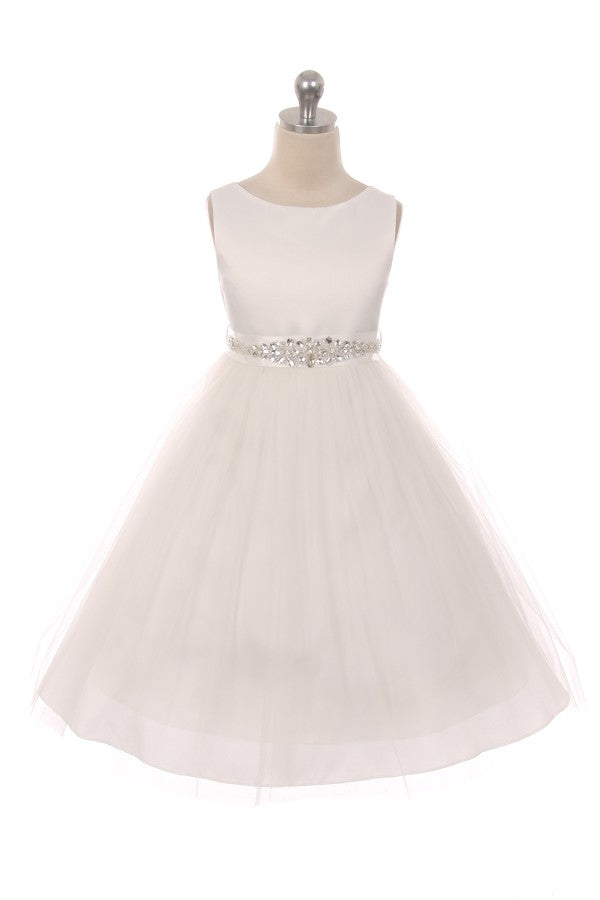 Beautiful Crystal Belt Flower Girl Dress Tea Length Ivory Front View