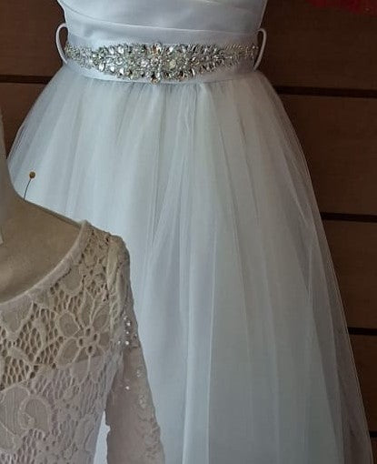 Beautiful Crystal Belt Flower Girl Dress Tea Length White Belt Front View