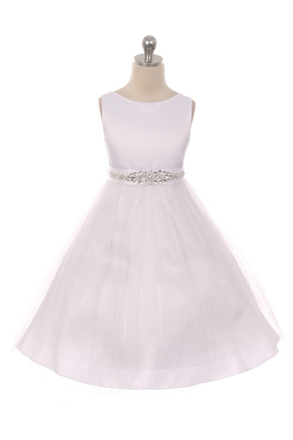 Beautiful Crystal Belt Flower Girl Dress Tea Length White Front View