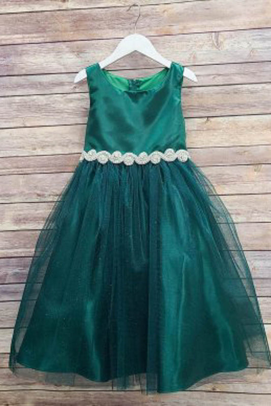 Bella Rhinestone Trim Girls Dress Green Front View