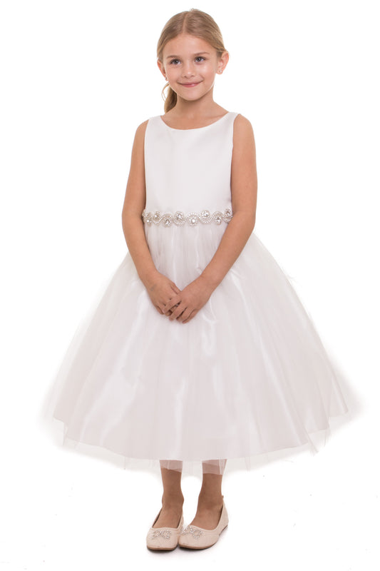 Bella Rhinestone Trim Girls Dress Ivory Front Life View
