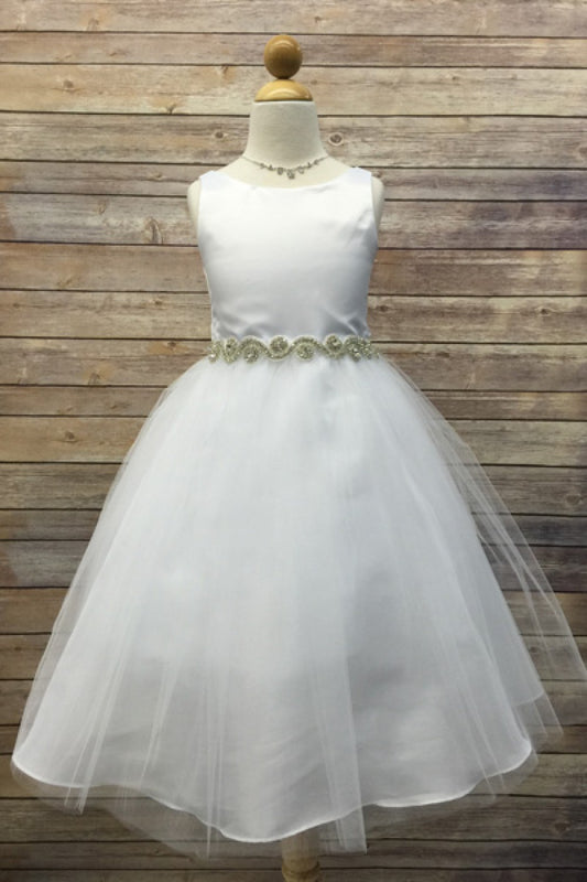 Bella Rhinestone Trim Girls Dress Ivory Front View