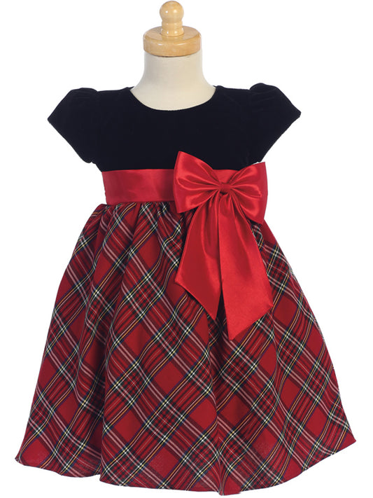 Black Velvet Top Girls Christmas Dress Red Black Front View