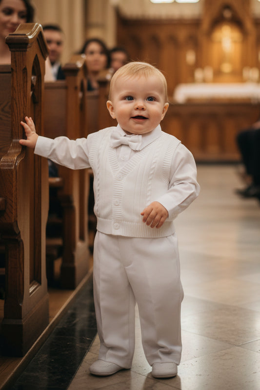 Boys Baptism Knitted Vest Set 4 Piece White Ivory Canada 2