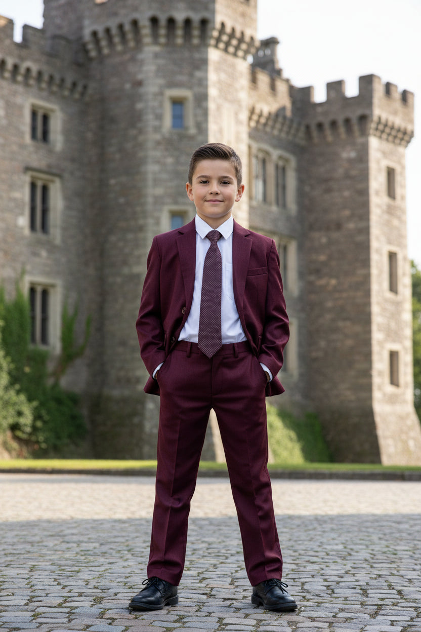 Boys Formal Suit Five Piece Burgundy Canada tie