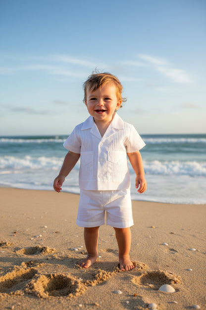 Boys Pintuck Shirt & Shorts White Cotton Blend Canada front