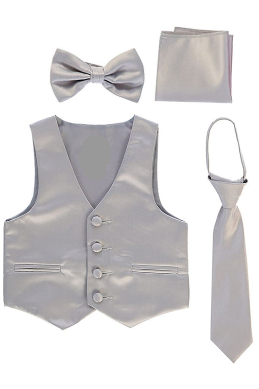 Boys Satin Vest Set with Bow Tie or Neck Tie – silver