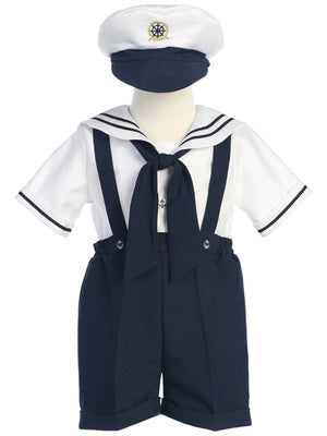 Boys White Sailor Top Navy Suspendered Shorts Set & Hat Canada