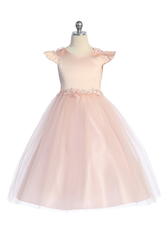 Butterfly Sleeve Girls Fancy  Dress Tea Length Pink Front  View