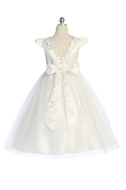 Butterfly Sleeve Girls Fancy  Dress Tea Length White Back View