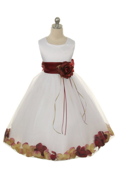 Classic Flower Petal Sash Girls Dress Ivory Burgundy Front View