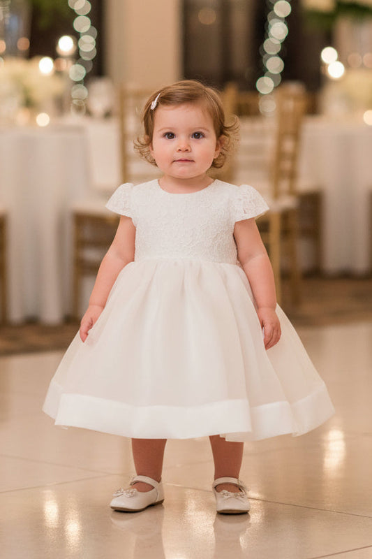 Classic Short Sleeve Baby Dress White Lace Canada front