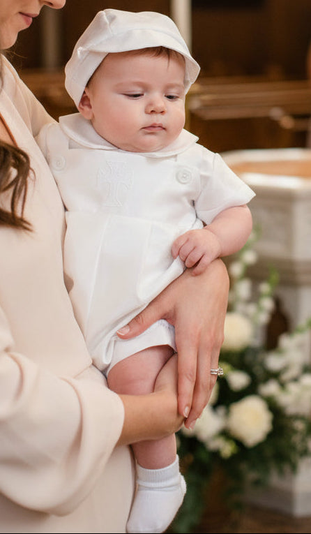 Embroidered Cross Bib Shortall Boys Baptism Christening White Canada-small