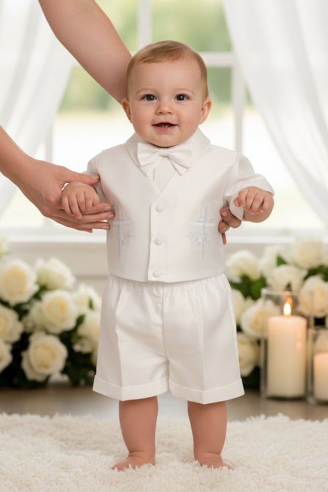 Embroidered Cross Shantung Vest Set Boys Baptism Christening Canada close
