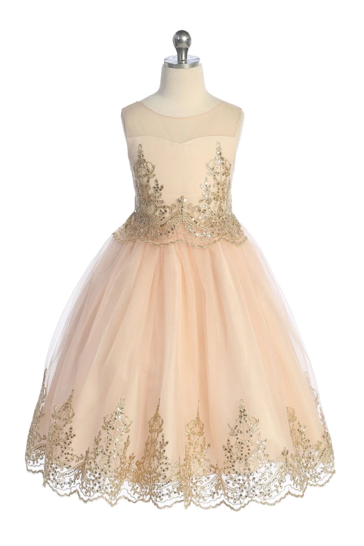 Embroidered Gold Cording Girls Dress Blush Front View